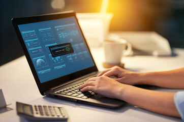 business, programming and technology concept - businesswoman or programmer with laptop computer working at dark night office