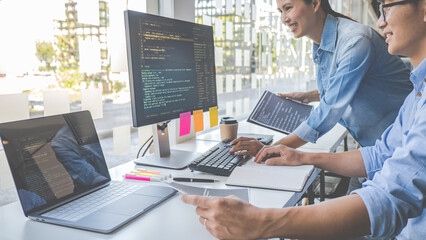 Wall Mural - programmer working in a software development and coding technologies. website design. technology con