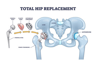 Poster - Total hip replacement surgery with anatomical acetabular prosthesis outline diagram. Labeled educational medical operation process description with new artificial bone structure vector illustration.