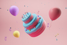 Flying Cake With Air Balloons And Candles On A Pink Background. Holiday Concept. Realistic Birthday Cake. 3d Rendering