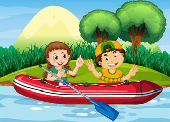 Wall Mural - Nature scenery with children in inflatable boat