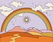 Hippie landscape poster. Clouds, sun and rainbow. Vintage style print
