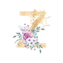 Golden Letter Z Of The English Alphabet With A Bouquet Of Purple Roses And Anemones On A White Isolated Background. Hand-drawn Watercolor Illustration