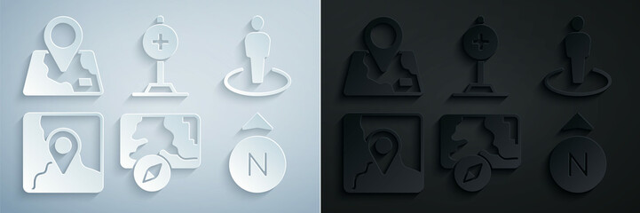 Poster - Set City map navigation, Location with person, Folded location marker, Compass, cross hospital and icon. Vector