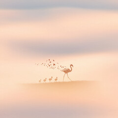 Poster - Flamingo family, flying birds. Endangered animal. Death and afterlife