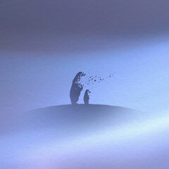 Poster - bear family, flying birds. endangered animal. death and afterlife