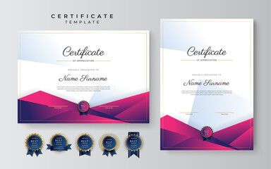 Dark purple pink and gold certificate of achievement border template with luxury badge and modern line pattern. For award, business, and education needs