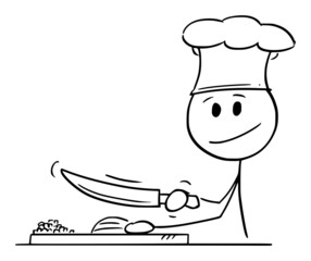 Wall Mural - Cook Cutting with Knife and Cooking Food , Vector Cartoon Stick Figure Illustration