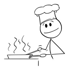 Sticker - Cook Cooking Food in Frying Pan, Vector Cartoon Stick Figure Illustration