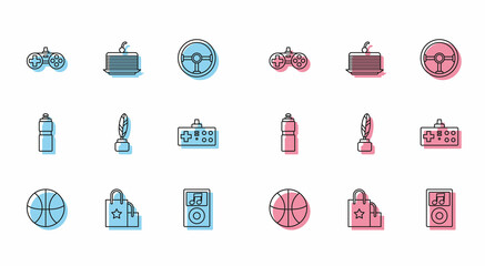 Sticker - Set line Basketball ball, Paper shopping bag, Gamepad, Music player, Feather and inkwell, Fitness shaker and Cake icon. Vector