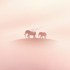 Poster - Elephant family, flying birds. Endangered animal. Death and afterlife