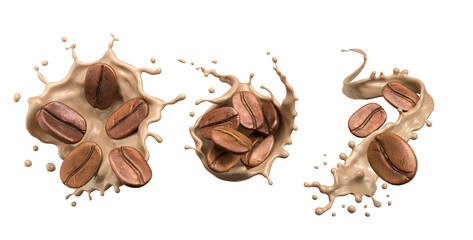 Set of Milk coffee splash Icon with Coffee Bean falling, 3d illustration.