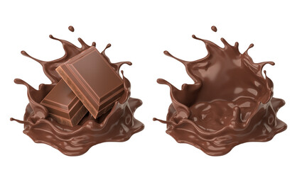 Canvas Print - chocolate pieces falling on chocolate sauce with clipping path 3d illustration.