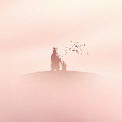 Poster - bear family, flying birds. endangered animal. death and afterlife