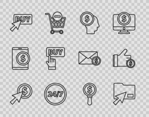 Sticker - Set line Cursor and coin, click document folder, Business man planning mind, Clock 24 hours, Buy button, Magnifying glass dollar and Hand holding icon. Vector