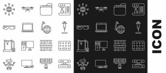 Sticker - Set line Motion sensor, Pills in blister pack, Syringe, Document folder, Laptop, Smart glasses, Social network and icon. Vector