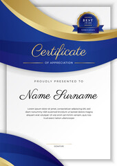 Wall Mural - Blue and gold certificate of achievement border template with luxury badge and modern line pattern. For award, business, and education needs