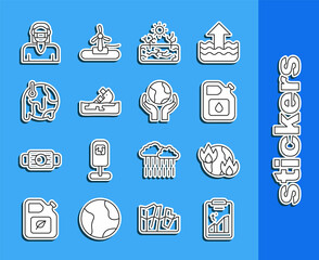 Sticker - Set line Global warming, fire, Canister for gasoline, Drought, Wrecked oil tanker ship, Face protective mask and Hands holding Earth globe icon. Vector