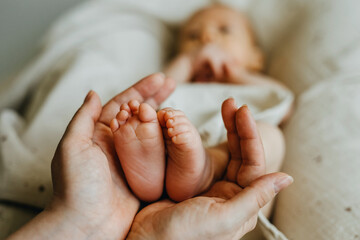 Wall Mural - Closeup of mothers hands holding little newborn baby feet.