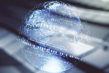Abstract Virtual Coding Concept And World Map Hologram On Blurry Abstract Metal Background. Multiexposure