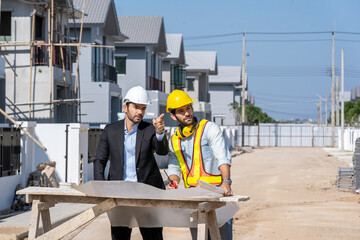 Aufkleber - Architectural engineer meeting and working with blueprints at construction site,discussing,designing,Construction concept.