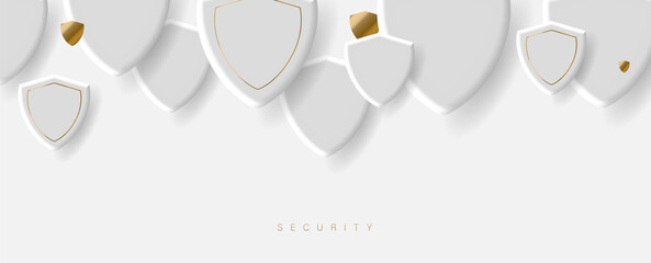 White background with white and golden 3d security shields shape and place for your content below
