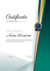 Wall Mural - Green black and gold certificate of achievement border template with luxury badge and modern line pattern. For award, business, and education needs. Vector certificate template