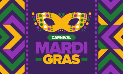 Mardi Gras Carnival in New Orleans. Fat Tuesday. Traditional folk festival with parade and celebration. Annual holiday. Costume masquerade, fun party. Carnival mask. Poster, card, banner. Vector