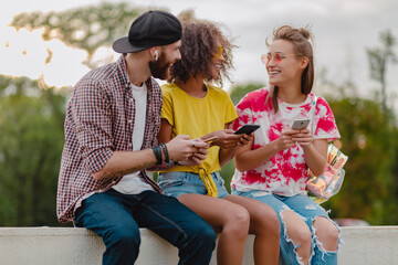 Wall Mural - happy young company of smiling friends sitting in park