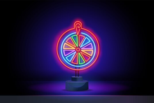 Fortune Wheel Neon Logo Vector. Fortune Wheel neon sign, design template, modern trend design, night neon signboard, night bright advertising, light banner, light art. Vector