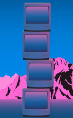 Sticker - Stack of vintage crt tv in pink and ultramarine neon glow ambience and retro mountain wallpaper, aesthetic background illustration