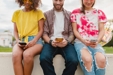 Wall Mural - happy young company of smiling friends sitting in park