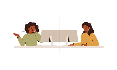 Woman at home talks to operator call center. Service consultant help female customer online. Remote conversation between client and assistent of support line. Vector illustration