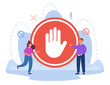 Tiny people standing near stop sign flat vector illustration. Huge red sign with hand symbolizing ban on entry, danger warning, caution, prohibited actions. Alert, risk, gesture concept