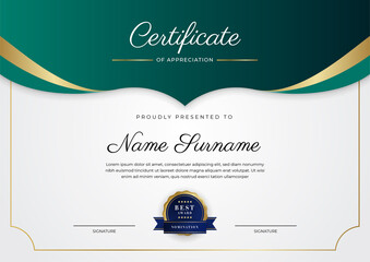 Modern dark green and gold business certificate design template in professional style with gold badge and border frame pattern. Vector illustration