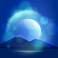 Blue Island In The Night With Bokeh Light And Moon Shining
