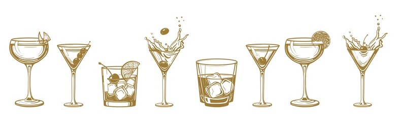 Cocktails alcoholic daiquiri, old fashioned, manhattan, martini, sidecar glass hand drawn engraving vector illustration vintage style