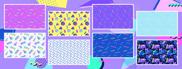 Simple geometric patterns set. 90s style backgrounds collection. Nostalgia for the 90s.