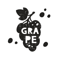 Wall Mural - Grape grunge sticker. Black texture silhouette with lettering inside. Imitation of stamp, print with scuffs. Hand drawn isolated illustration on white background