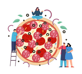 Wall Mural - Tiny cartoon characters with huge tasty pizza. Male and female persons making pizza together flat vector illustration. Food, cafe or restaurant concept for banner, website design or landing web page