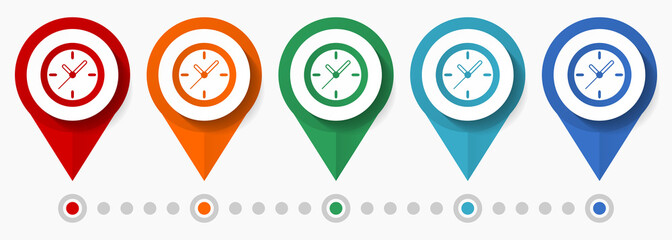 Fototapete - Clock, watch, time concept vector icon set, flat design pointers, infographic template