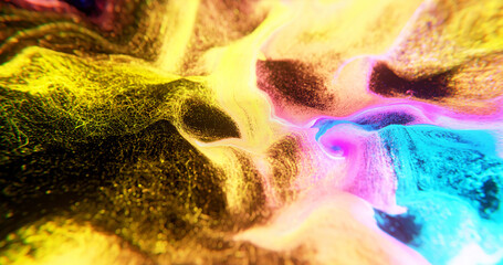 Wall Mural - color flow of particles with shallow depth of field. wave of liquid shape. multicolored abstract bac