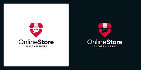 Shopping store logo with chat bubble and pin location. Online shop icon simple minimalist logo design vector illustration. Isolation of objects on a black and white background.