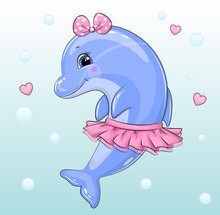 Cute Cartoon Dolphin Girl Wearing Pink Shirt And Bow. Sea Animal Vector Illustration On Blue Background With Bubbles And Hearts.