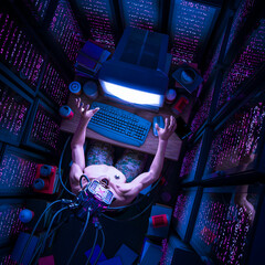 Wall Mural - cyberpunk hacker man - 3d illustration of science fiction shocked male character working on retro co