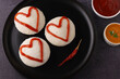 valentines day special idli idly with love red heart South Indian breakfast Valentine's Day red and green hearts on Indian food. V-day. Idli Hearts food art