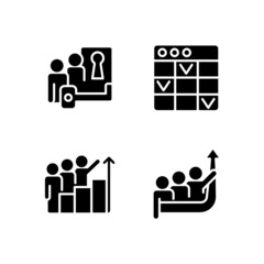 Wall Mural - Team project black glyph icons set on white space. Problem solving. Management software. Common goal. Professional partnership. Silhouette symbols. Solid pictogram pack. Vector isolated illustration