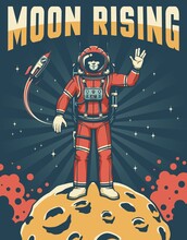 Spaceman In Red Space Suit On The Moon - Sky-fi Retro Poster. Astronaut On Planet With Craters Shows Vulcan Salute Gesture. Vector Illustration In Vintage Style.
