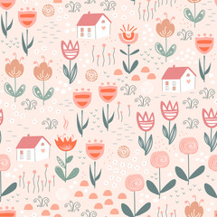 Fairy flower field with cute houses, seamless vector pattern. Doodle meadow countryside background. Scandinavian folk style. For fabric, cards, wallpaper, home decor