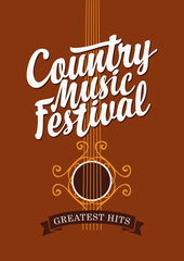 Wall Mural - Vector poster for a country music festival with a calligraphic inscription on the background of brown guitar. Suitable for flyer, banner, invitation, playbill, cover, ticket